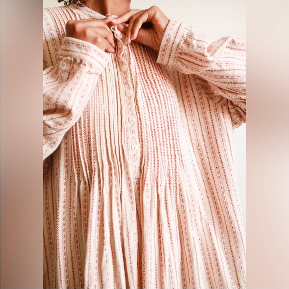 90s Vintage L.L. Bean Dobby Striped Cotton Flannel Nightgown Red White Medium - Picture 3 of 12